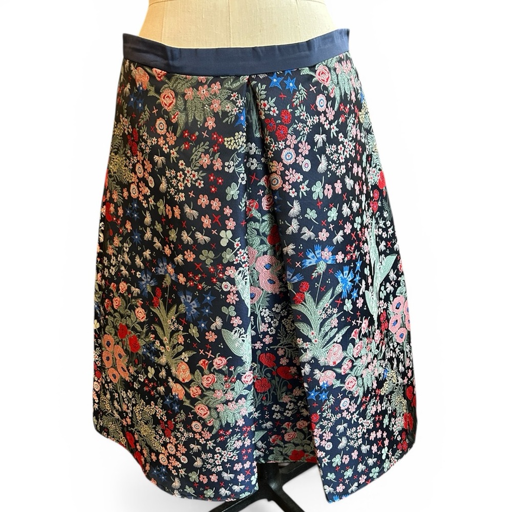 Eva Franco Anthropologie Navy Floral A-Line Skirt with Pink and Red Accents